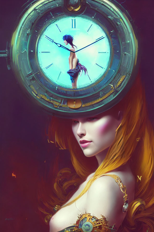 Fantasy illustration of woman with orange hair in steampunk attire on clock hand