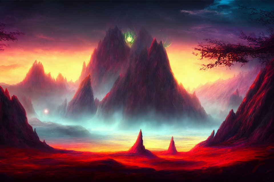 Fantastical landscape with crimson mountains and surreal sky.