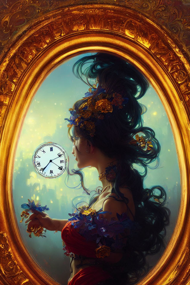 Woman in Red Dress with Floral Hair Adornments Looking at Floating Clock in Ornate Mirror