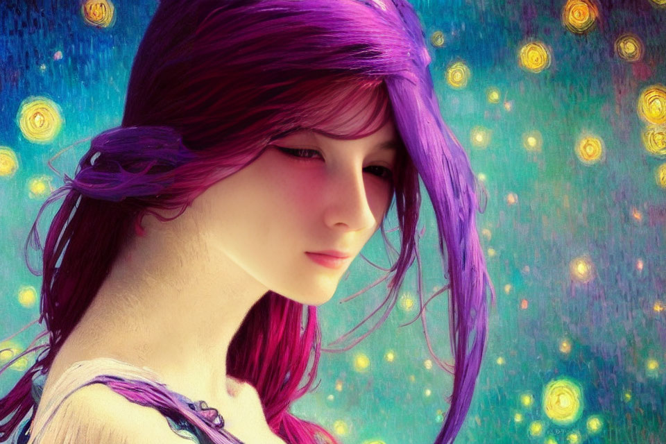 Digital artwork: Woman with purple hair on starry background reminiscent of Van Gogh's style