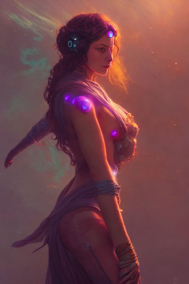 Futuristic female figure in purple adornments against atmospheric backdrop