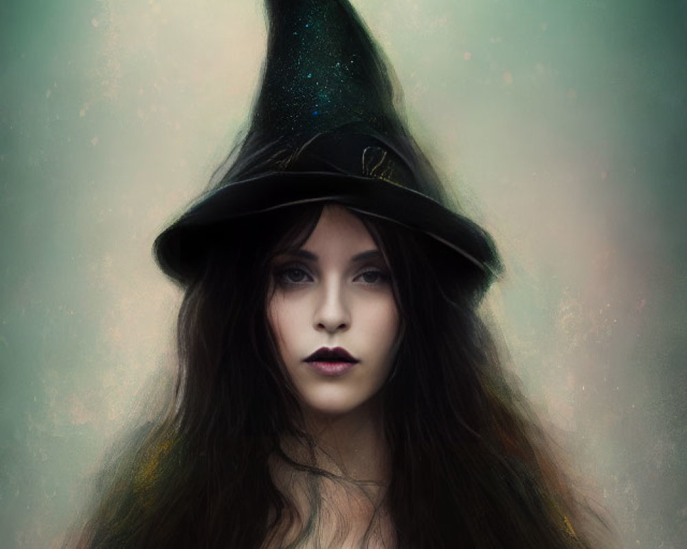 Dark-haired woman in black witch's hat with misty green backdrop