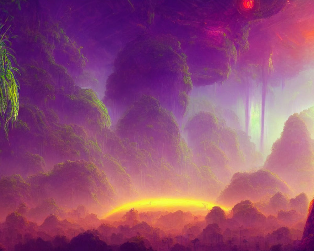 Vibrant alien jungle with purple hues, misty atmosphere, hanging vegetation, and glowing horizon.