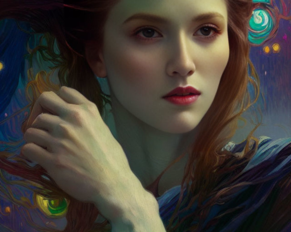 Digital painting of woman with flowing red hair and captivating eyes in ethereal background