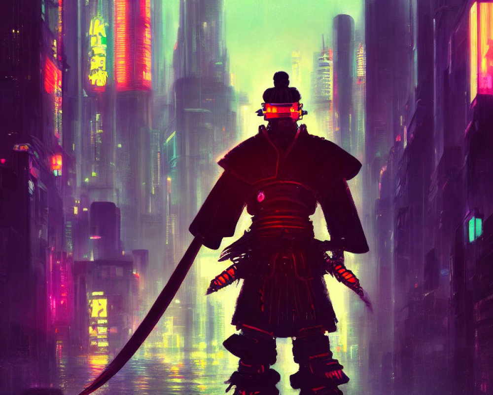 Futuristic samurai in neon-lit cityscape