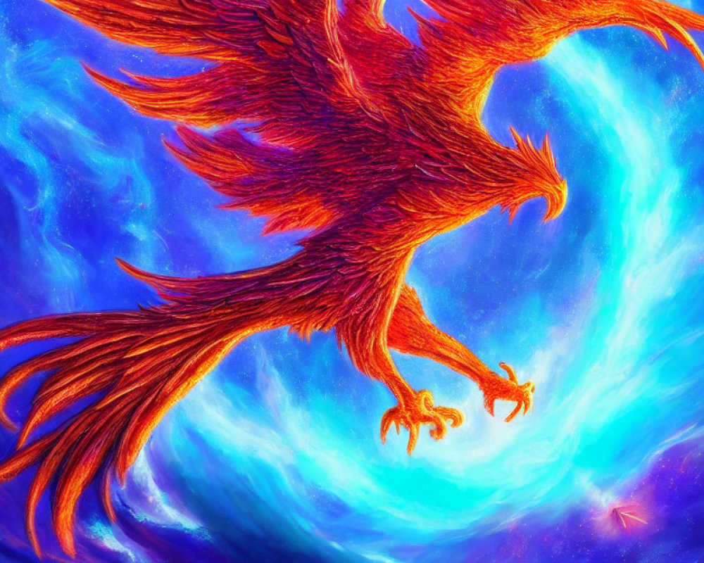 Vibrant red phoenix soaring in blue and purple background