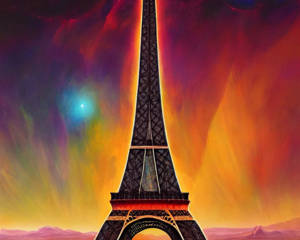 Iconic Eiffel Tower in surreal cosmic landscape