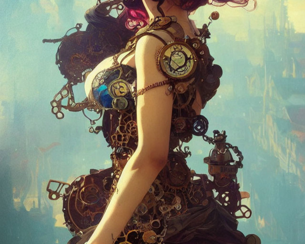 Steampunk-themed artwork of woman with purple hair and clock parts.