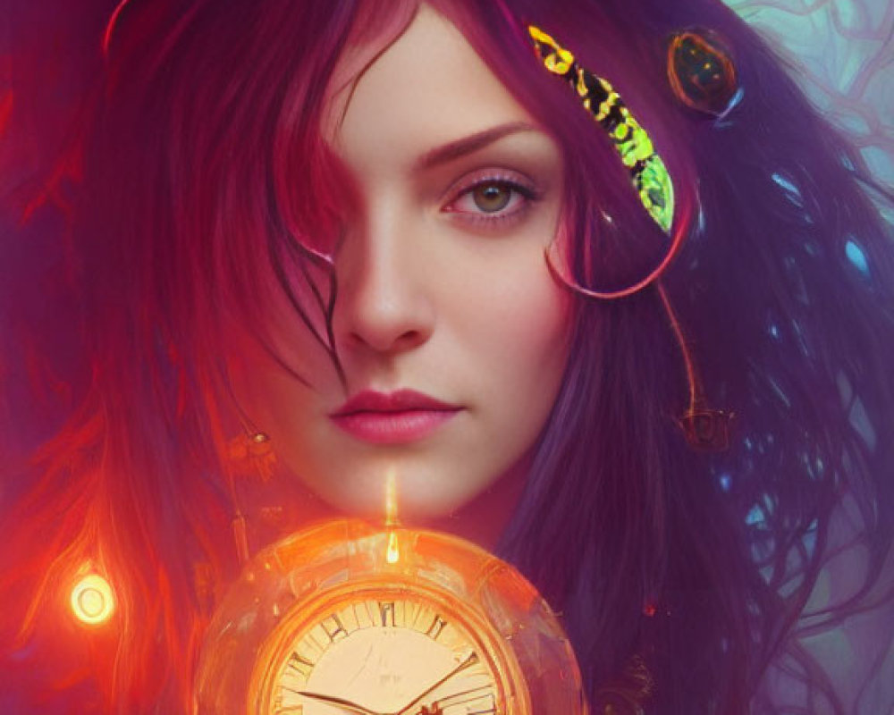 Violet-haired woman with golden clock and mystical gaze