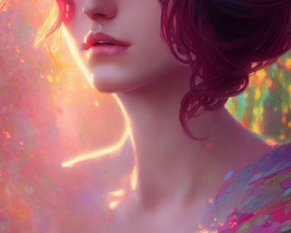 Colorful digital portrait featuring individual with multicolored hair in soft light