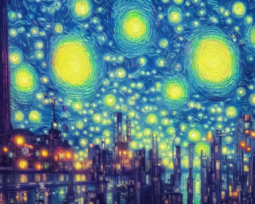 Starry Night Painting: Cityscape with Swirling Stars and Glowing Buildings