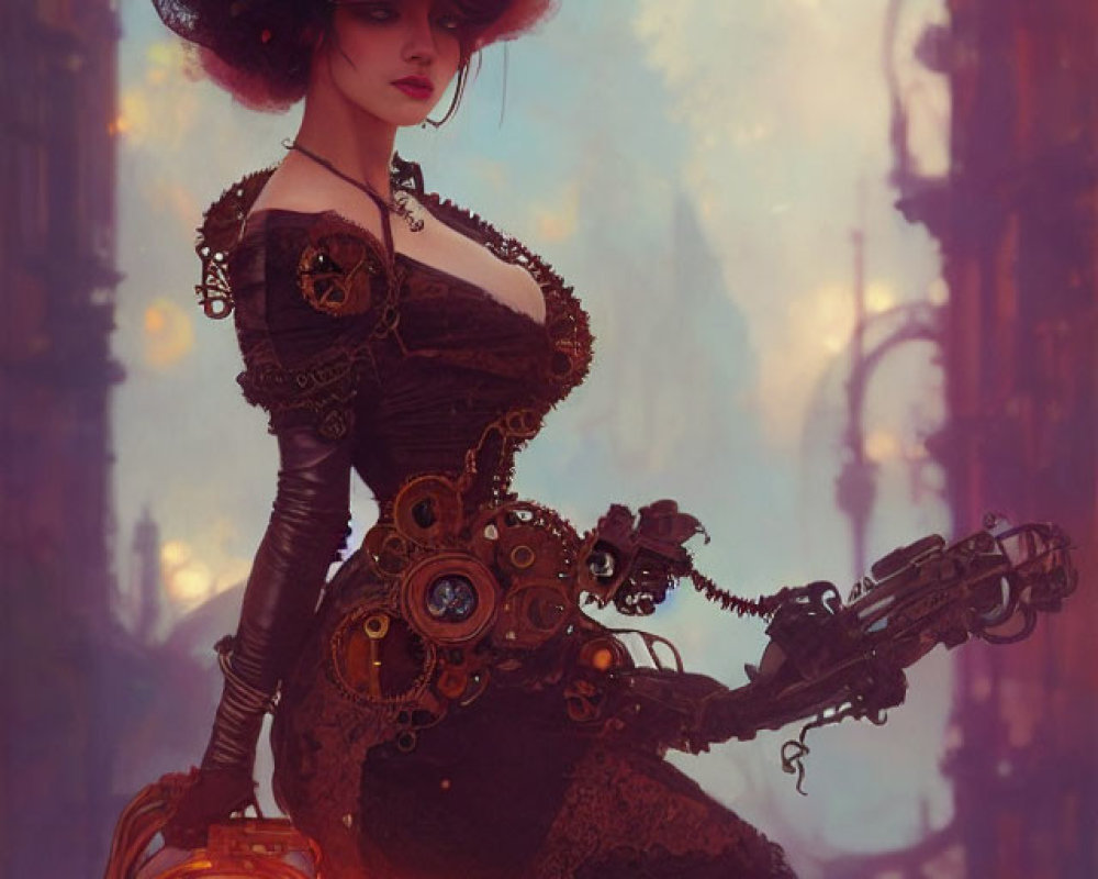 Steampunk-themed woman with mechanical arm in industrial setting