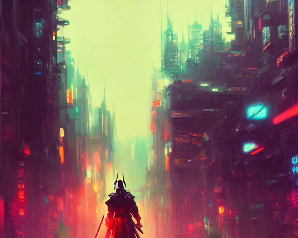 Futuristic cityscape with neon signs, skyscrapers, and lone figure in armor