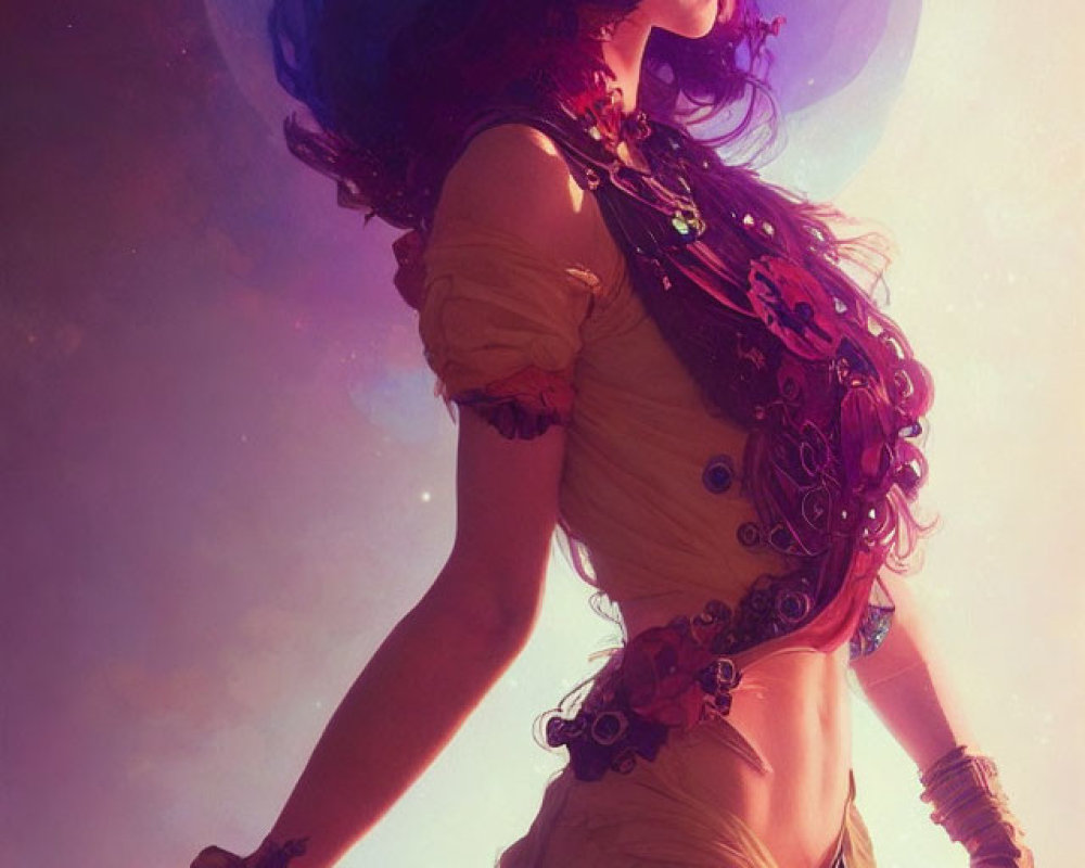 Fantasy-inspired digital artwork of woman with blue hair and large hat holding a pocket watch.