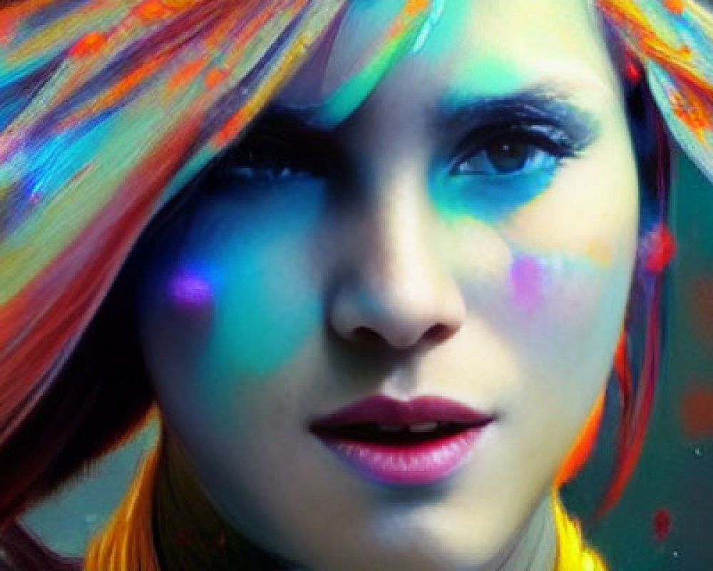 Vibrant multicolored hair and artistic makeup with bright splashes.