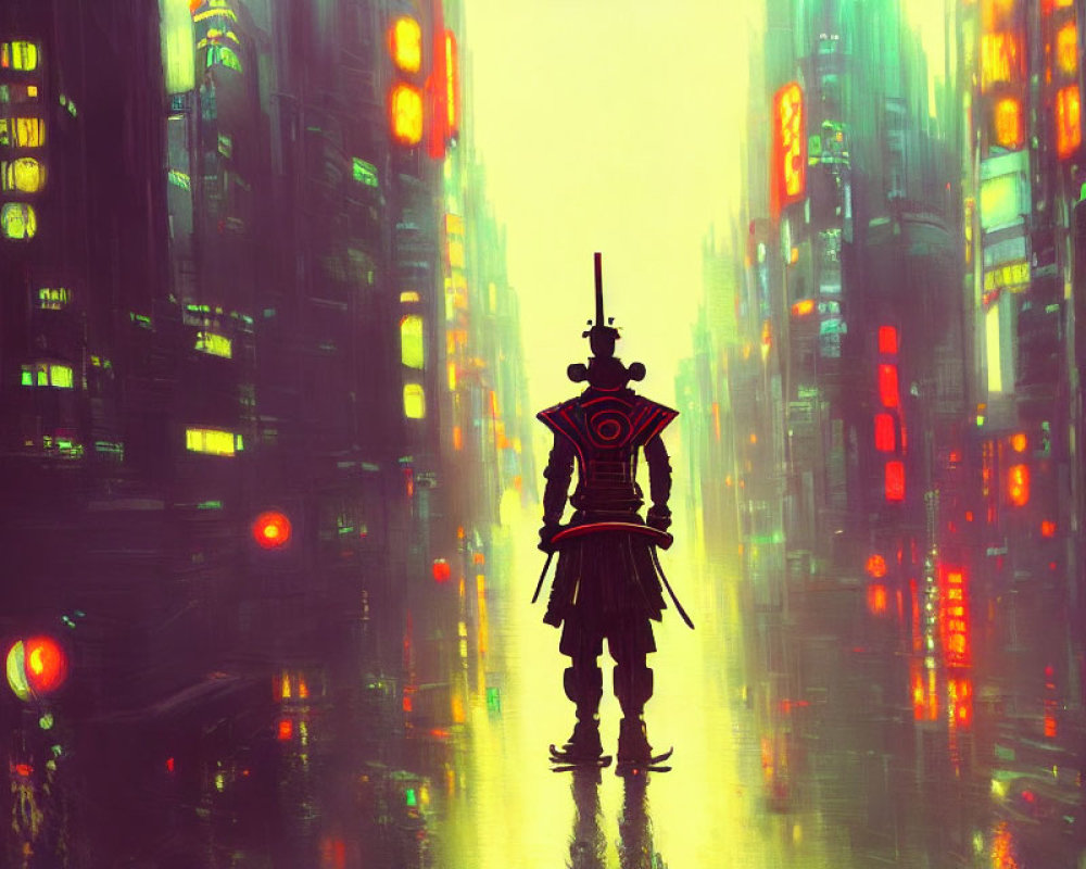 Samurai in neon-lit futuristic cityscape with towering buildings