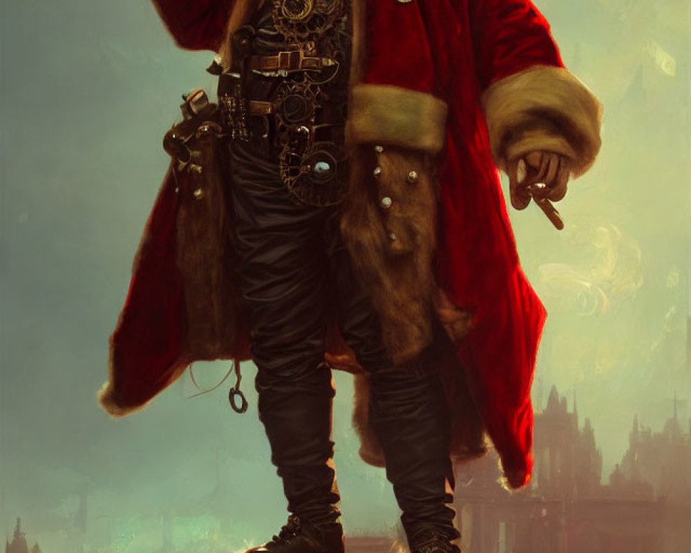 Steampunk-inspired Santa Claus with pocket watch in cityscape backdrop