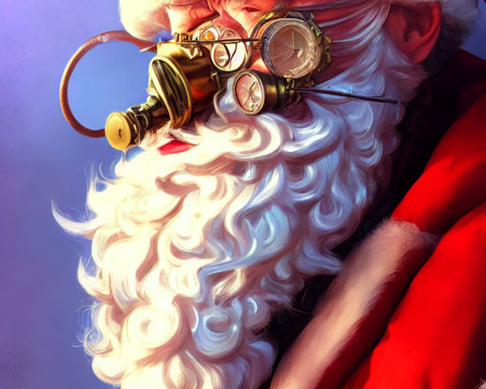 Steampunk Santa Claus with white beard and red hat in goggles