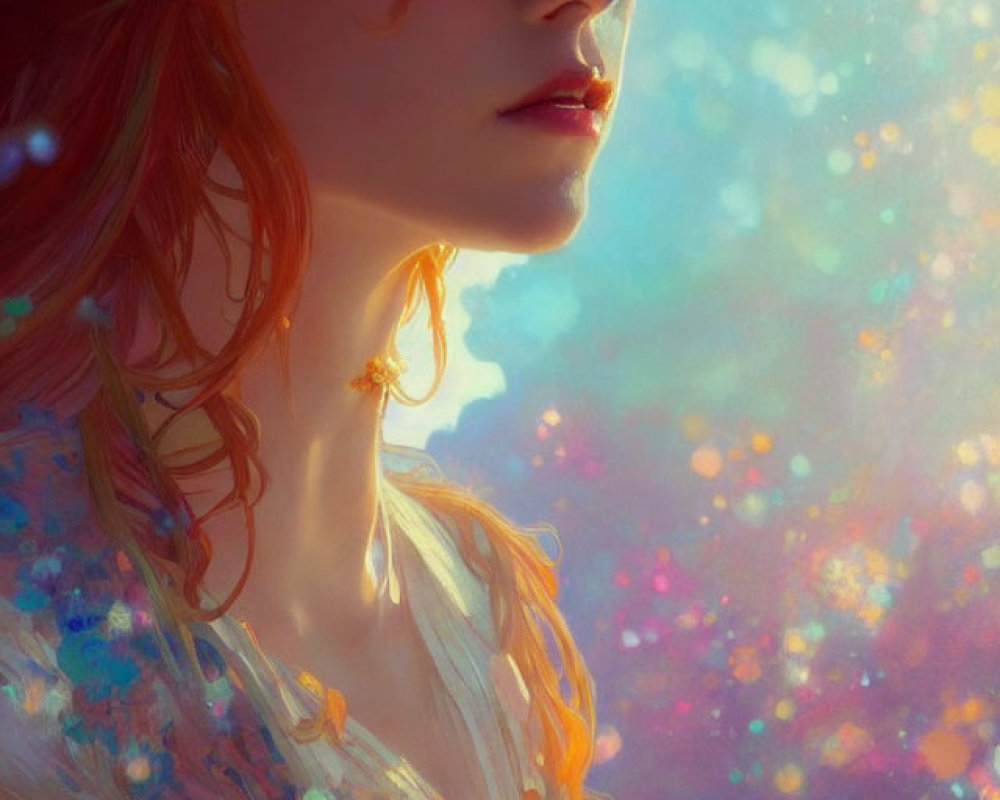 Red-haired person in dreamy profile against colorful backdrop