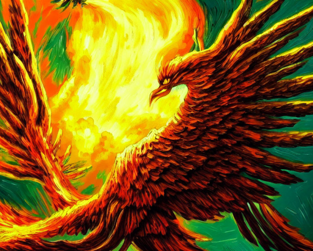 Colorful Phoenix Flying with Flames and Fiery Plumage on Green and Yellow Background