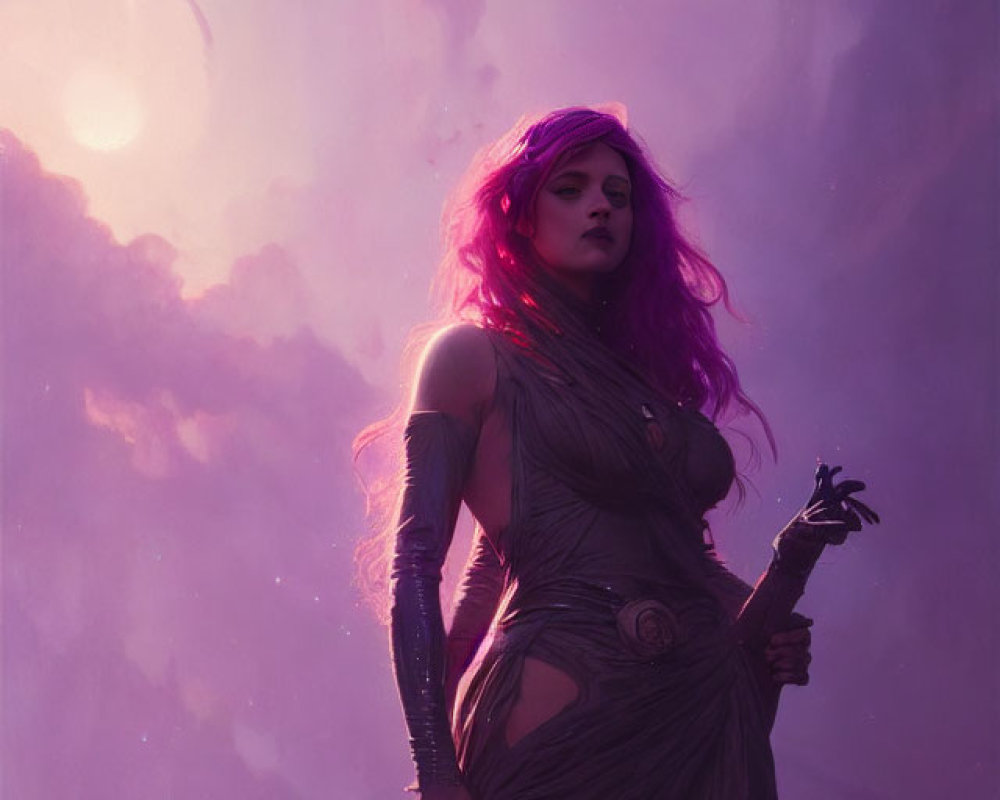 Fantasy Artwork: Woman with Pink Hair, Staff, and Glowing Blue Creature