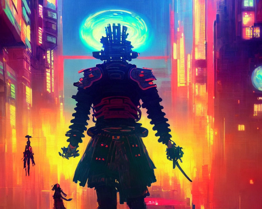 Futuristic samurai in neon-lit cyberpunk cityscape