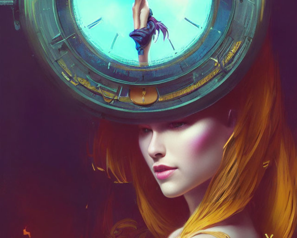 Fantasy illustration of woman with orange hair in steampunk attire on clock hand