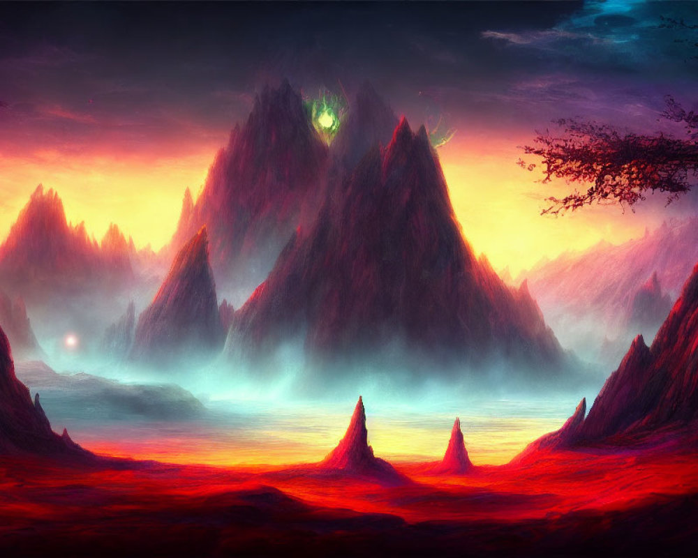 Fantastical landscape with crimson mountains and surreal sky.