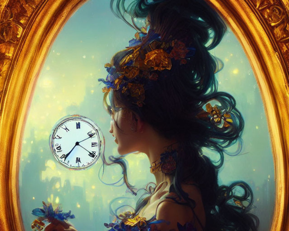 Woman in Red Dress with Floral Hair Adornments Looking at Floating Clock in Ornate Mirror