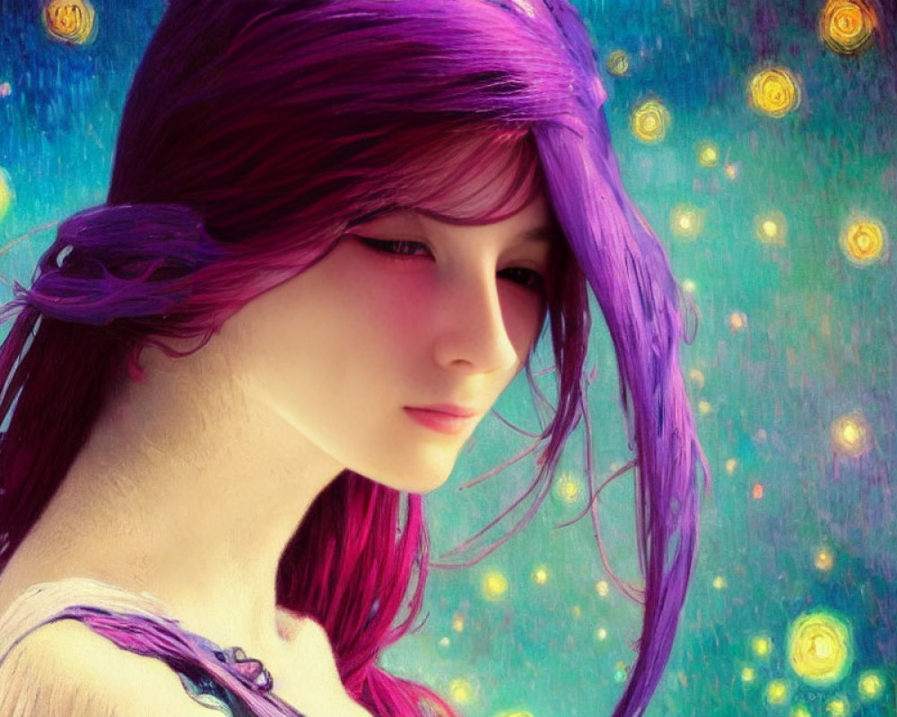 Digital artwork: Woman with purple hair on starry background reminiscent of Van Gogh's style