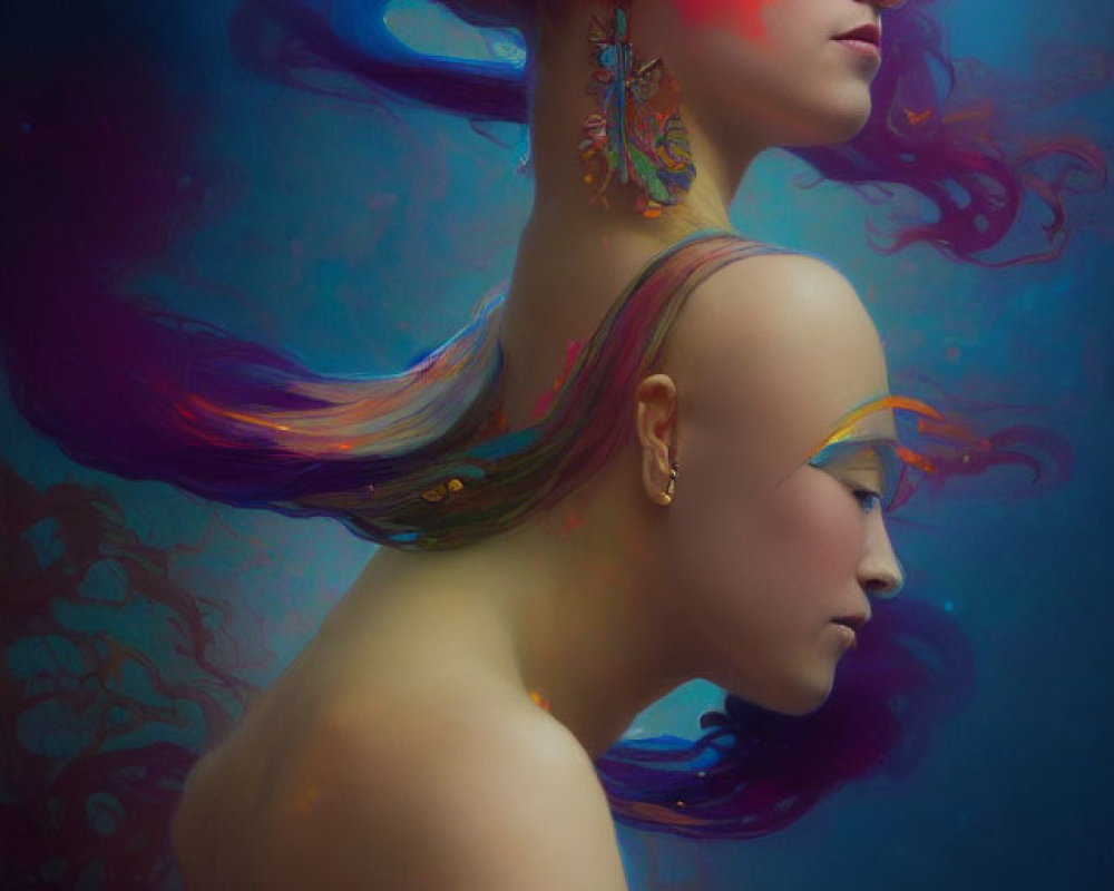 Ethereal beings with colorful hair in moody background