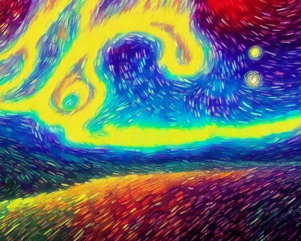 Colorful impressionist painting with swirling yellow, blue, and red patterns reminiscent of "Starry Night