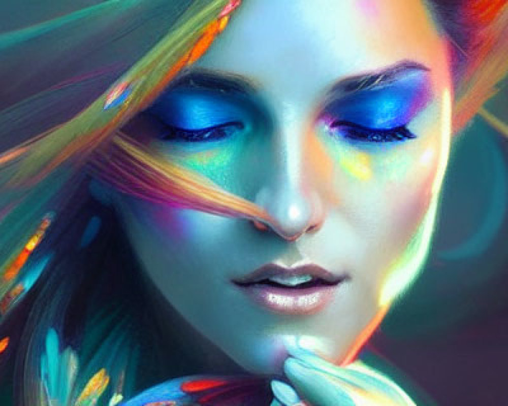 Colorful digital portrait of a woman with multi-colored hair and blue eyeshadow