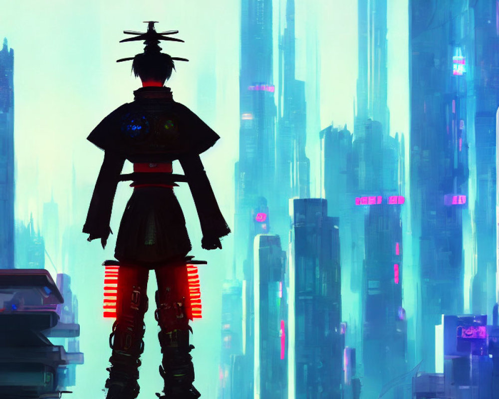 Futuristic armored figure in cyberpunk cityscape