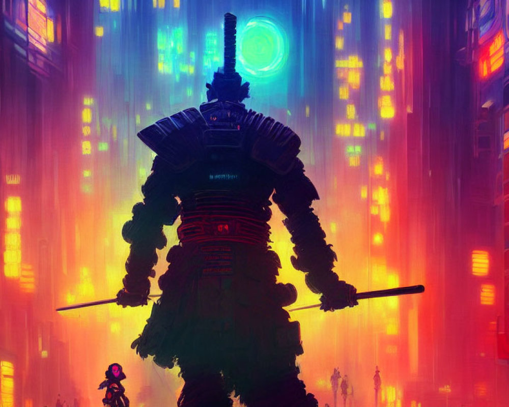 Futuristic samurai with glowing sword in neon-lit cityscape