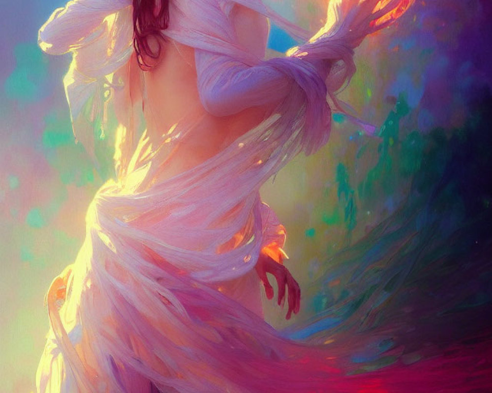 Ethereal scene of mystical woman holding luminous orb in vibrant hues