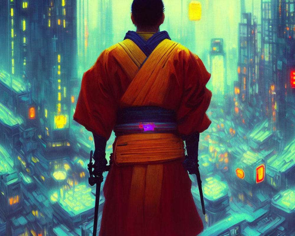 Person in Traditional Robe Observing Futuristic Neon Cityscape