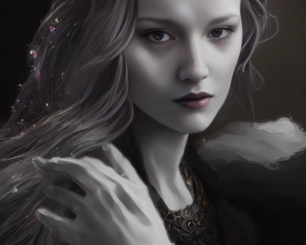 Fair-skinned woman with wavy hair in dark gown - digital painting