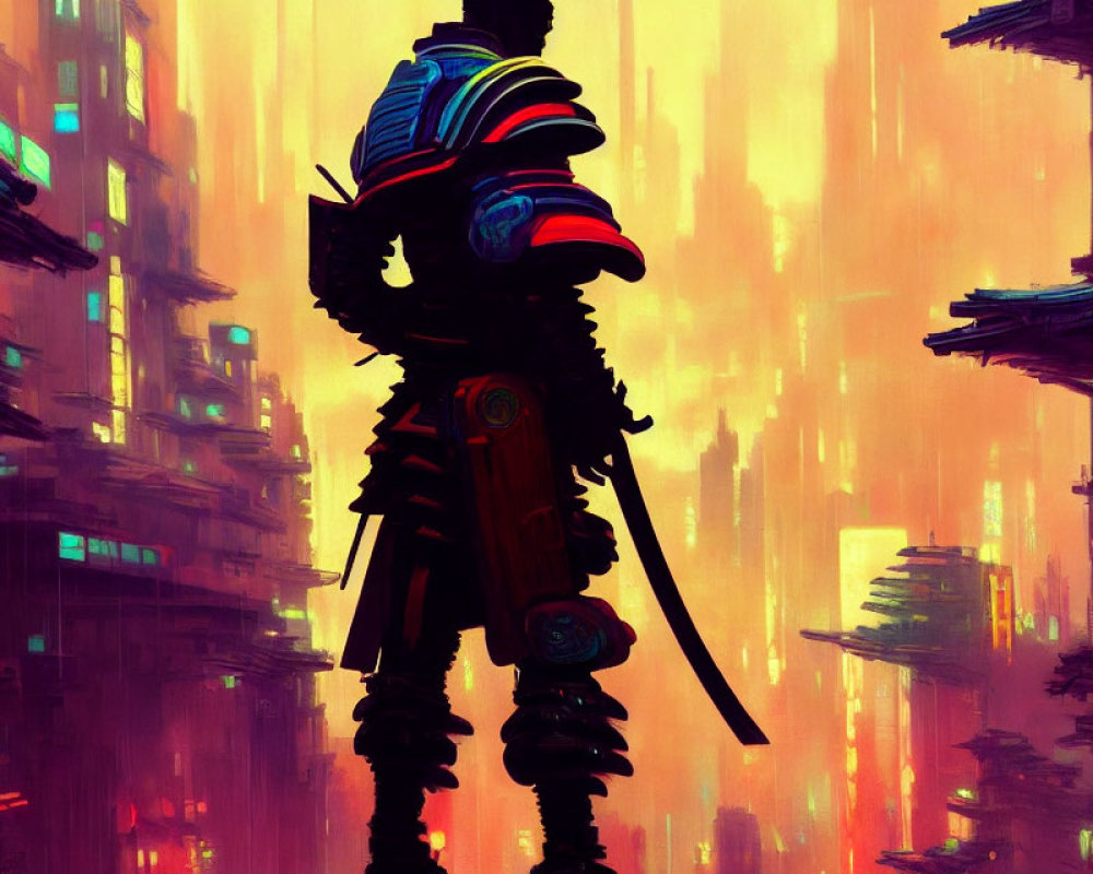 Futuristic warrior in neon-lit dystopian cityscape