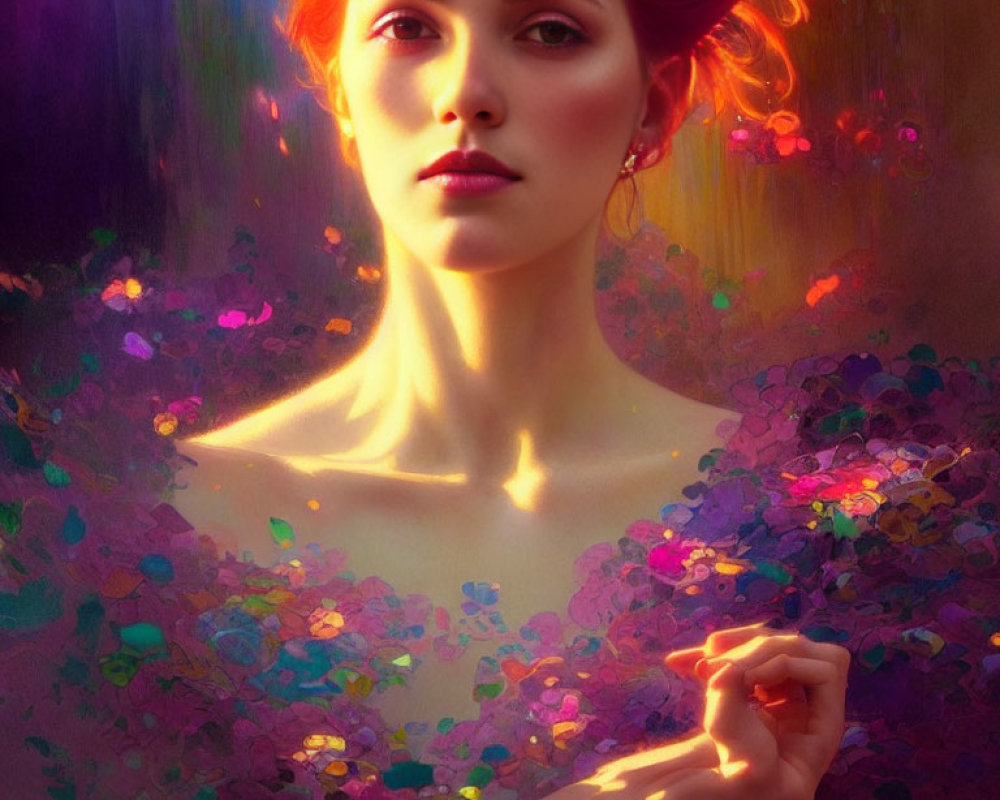 Vibrant digital portrait of woman with red hair among colorful flowers