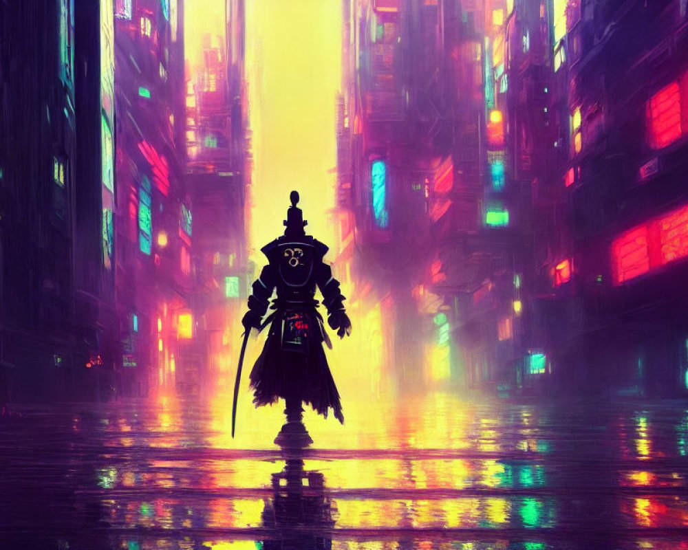 Solitary Figure in Cloak in Neon-lit Rainy Futuristic Cityscape