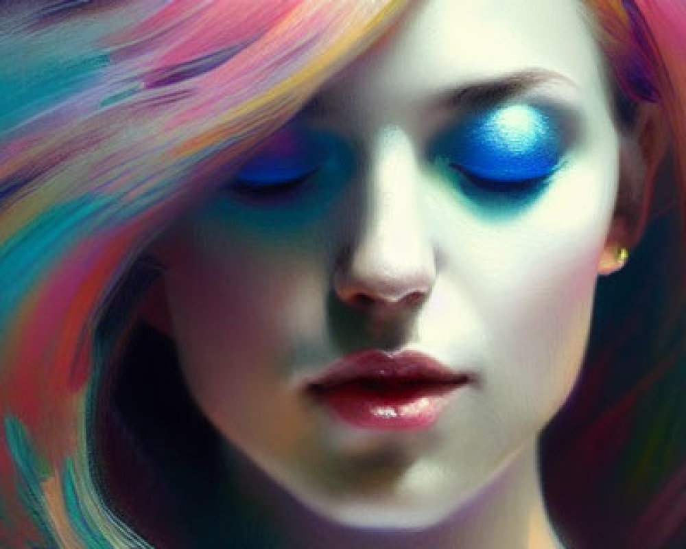 Vibrant digital portrait of a woman with colorful hair and blue eyeshadow