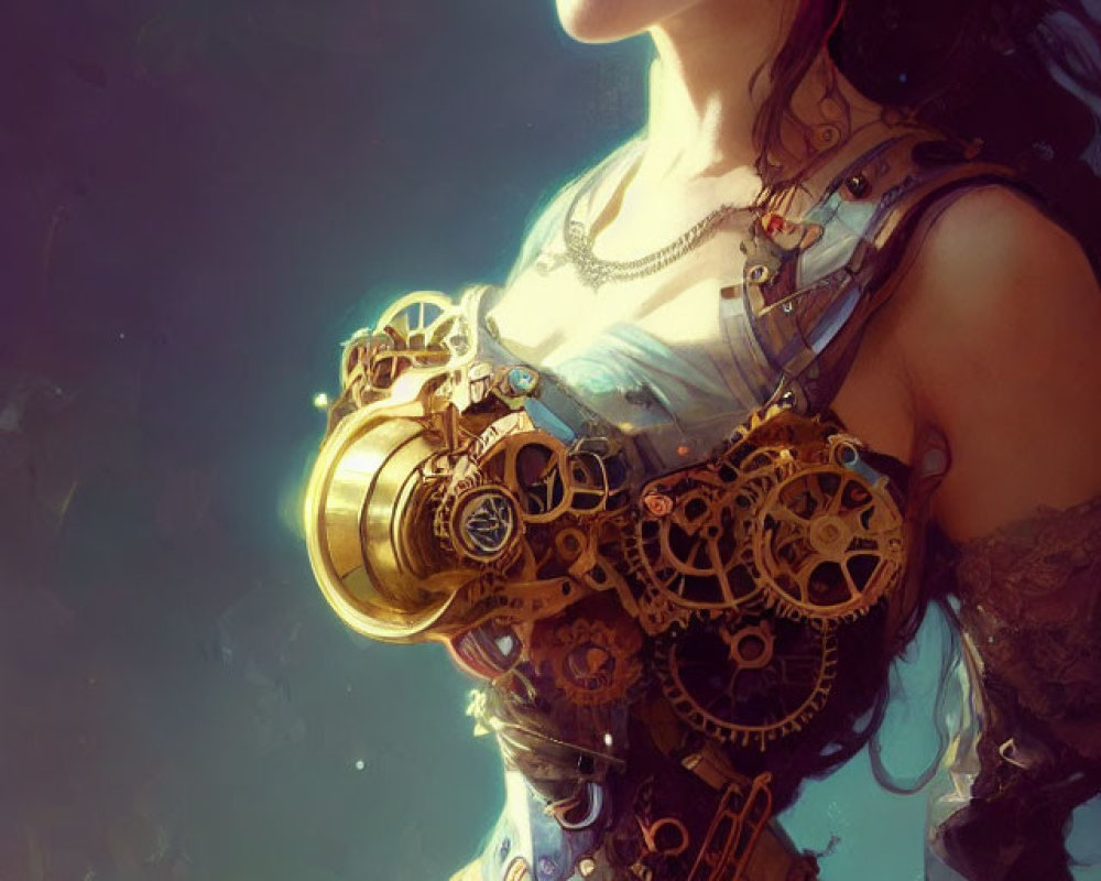 Steampunk-themed woman with gear designs, clock, and decorated hat.