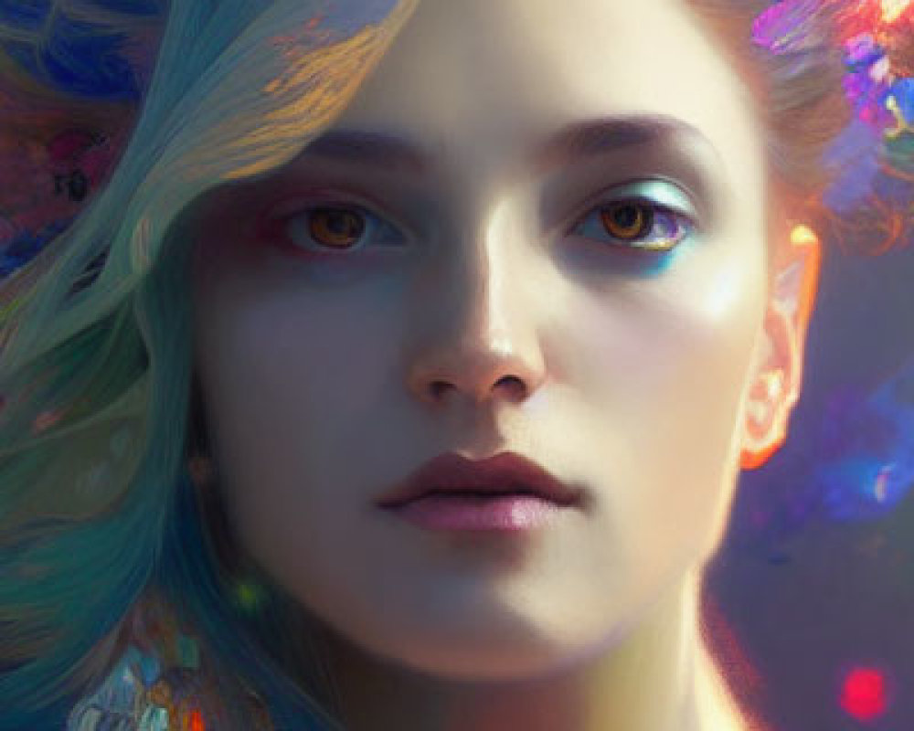 Multicolored hair and heterochromatic eyes in vibrant digital painting