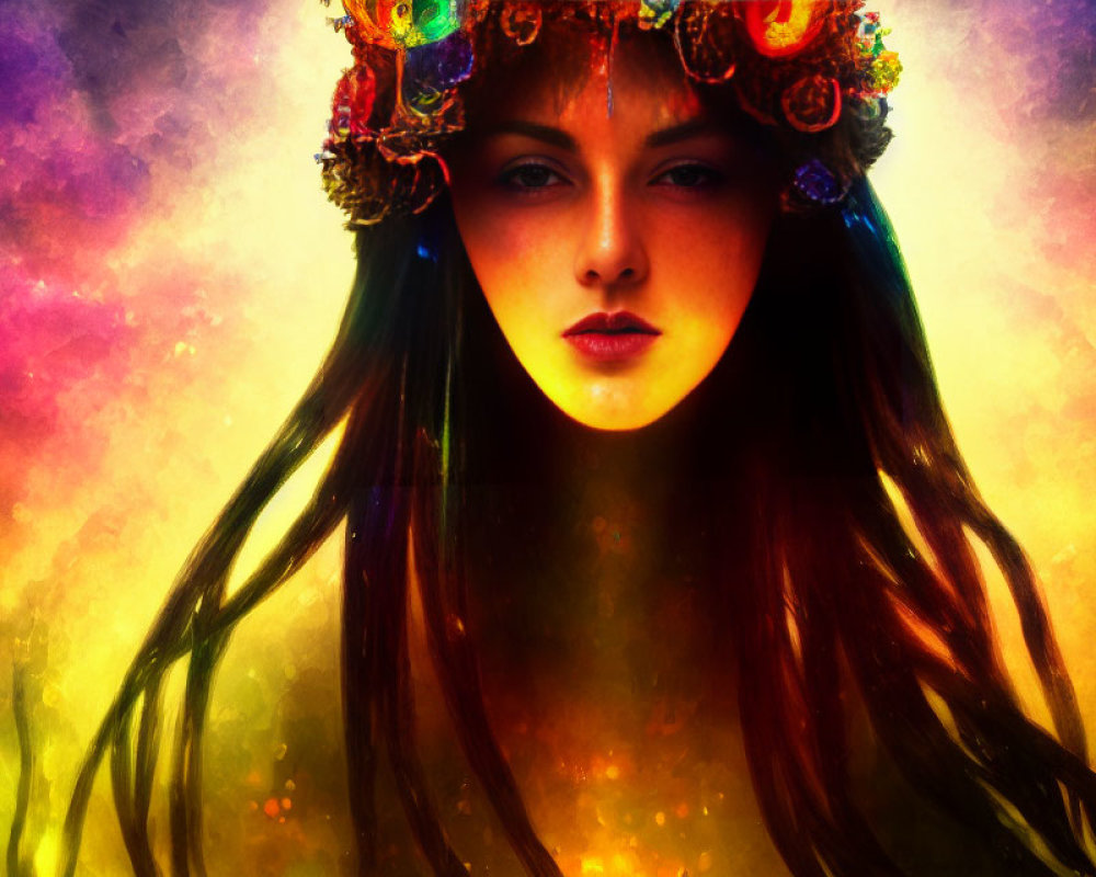 Woman with Floral Crown and Dark Hair on Vibrant Background