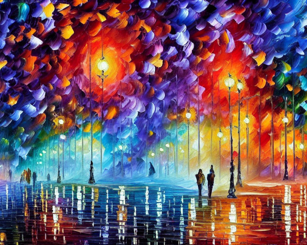 Colorful painting of rainy city street with illuminated lamp posts and silhouettes of people with umbrellas