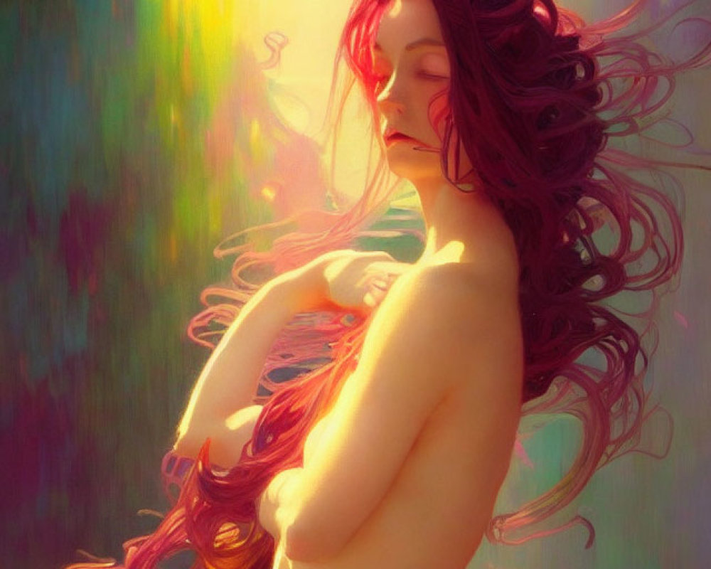 Profile of Woman with Flowing Red Hair Against Colorful Backdrop