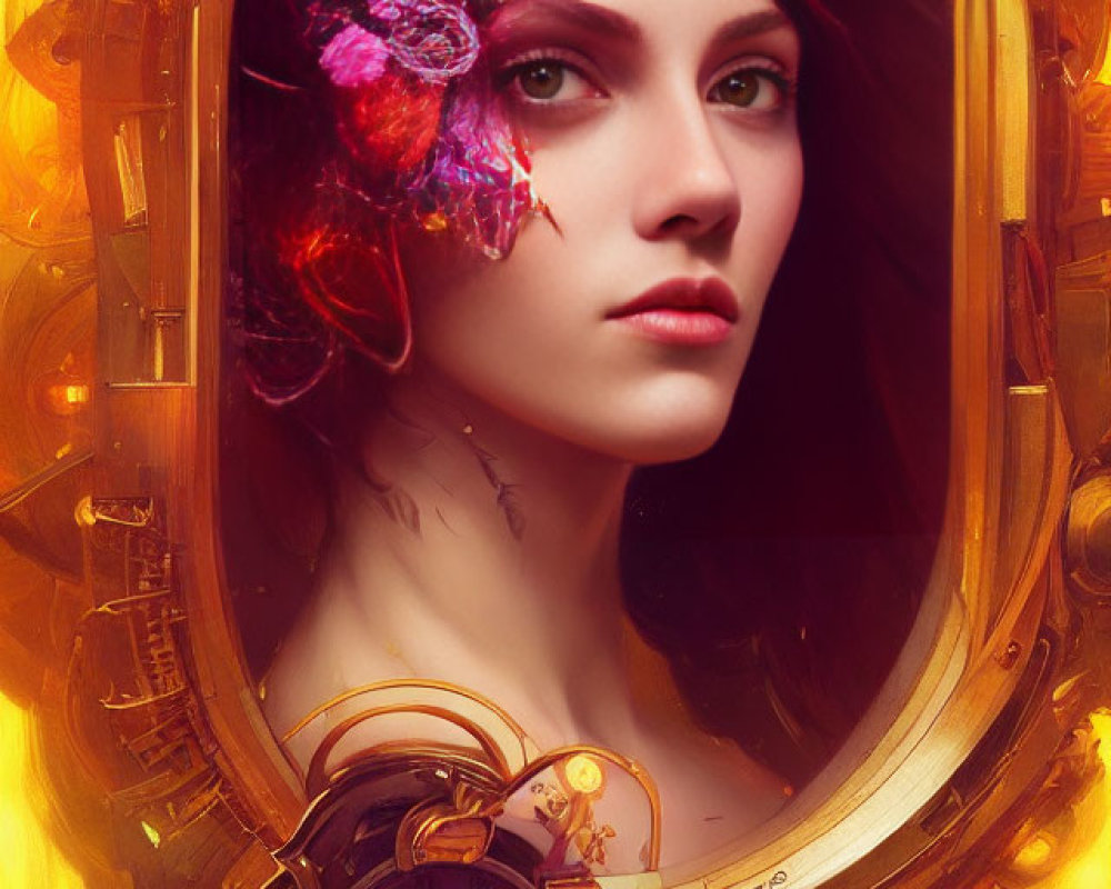 Circular Steampunk Style Porthole with Woman's Face and Flowers