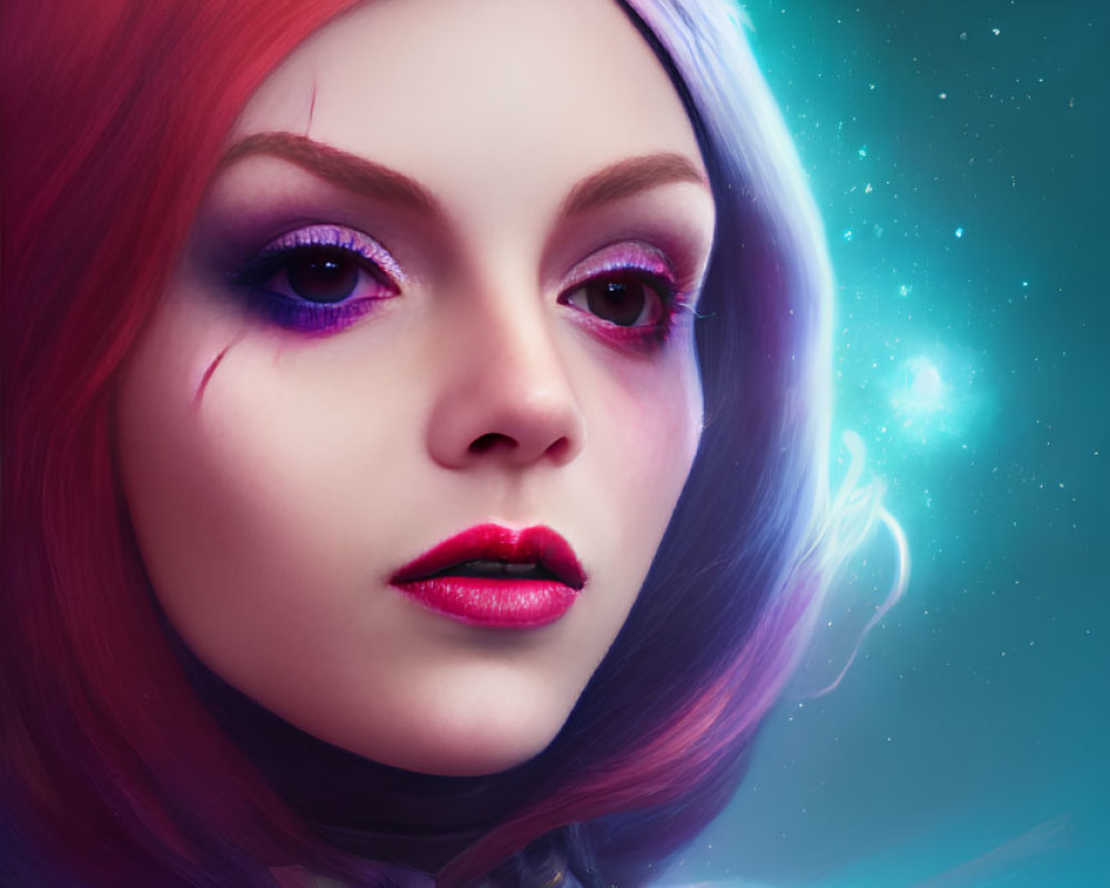 Vibrant red hair and cosmic makeup on woman in stylized spacesuit against nebula backdrop