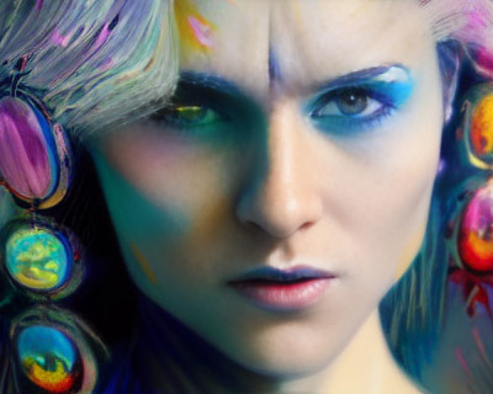 Vibrant woman with colorful makeup and feather earrings.